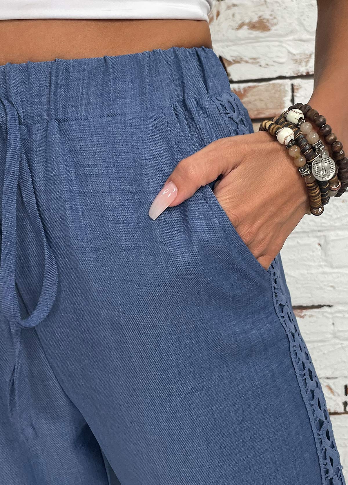 Denim Blue Straight Leg Elastic Waist High Waisted Pants