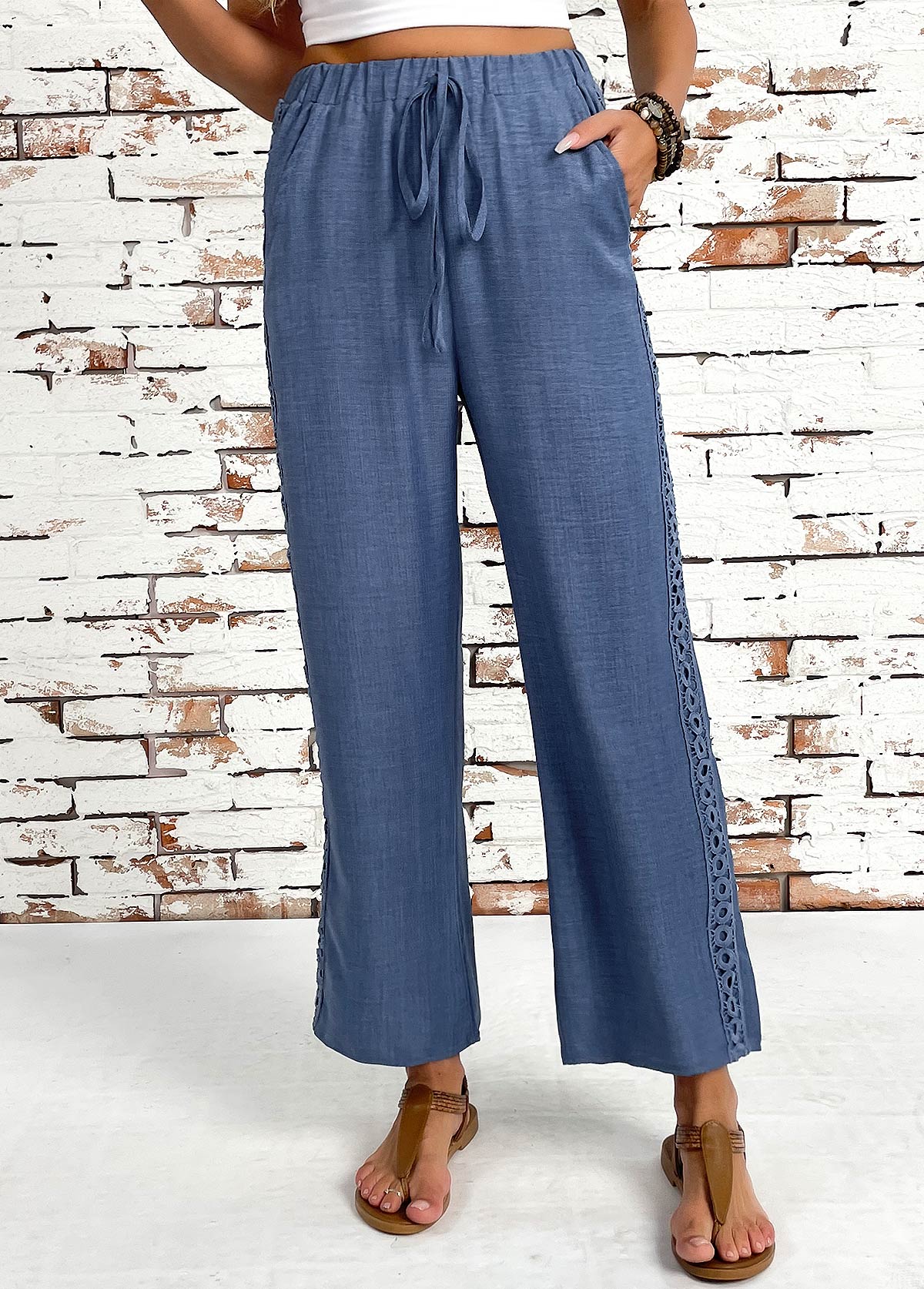 Denim Blue Straight Leg Elastic Waist High Waisted Pants