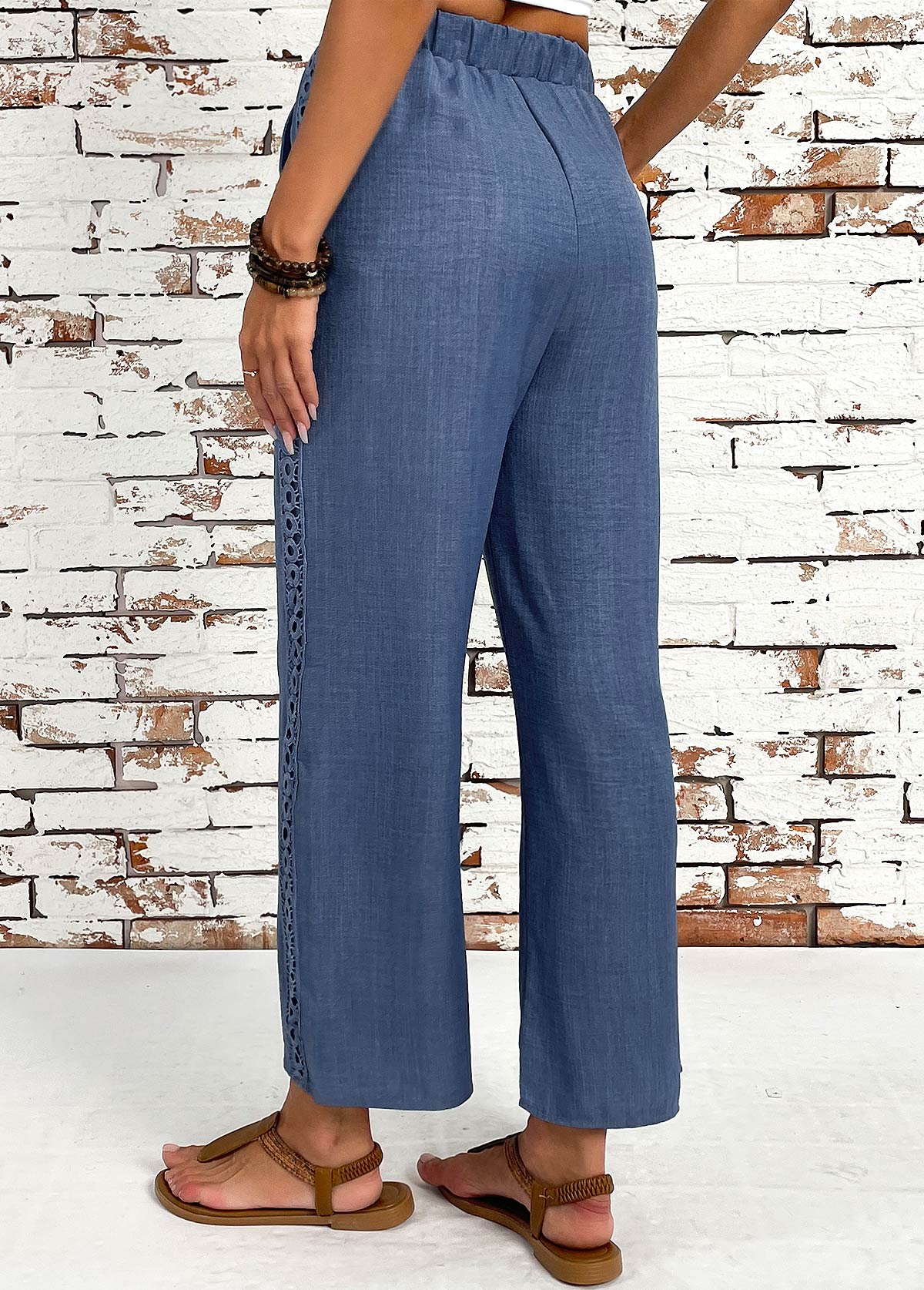 Denim Blue Straight Leg Elastic Waist High Waisted Pants