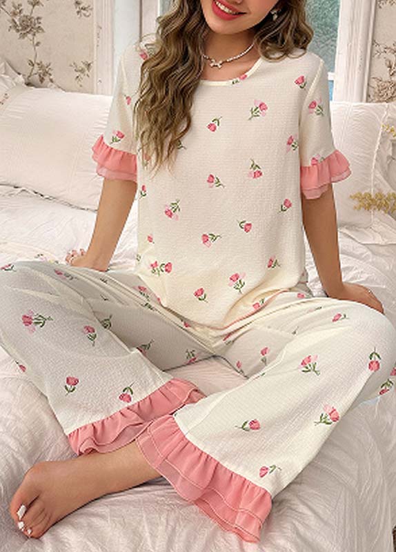 Floral Print Pink Round Neck Lounge Top and Pants