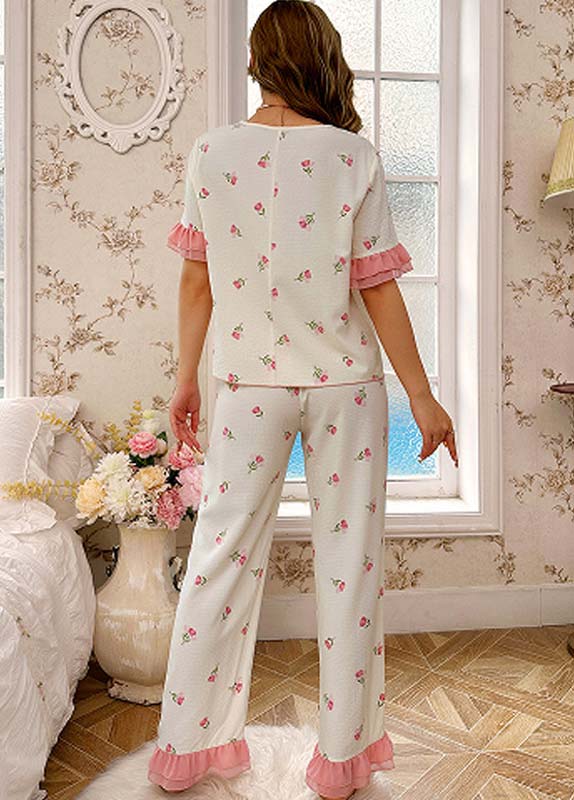 Floral Print Pink Round Neck Lounge Top and Pants