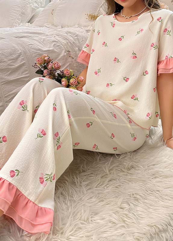 Floral Print Pink Round Neck Lounge Top and Pants