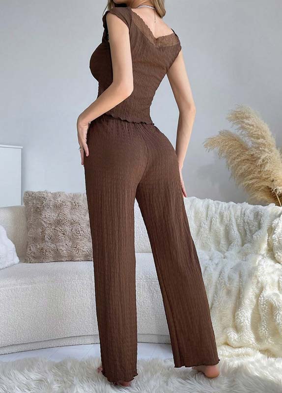 Dark Coffee V Neck Sleeveless Lounge Top and Pants