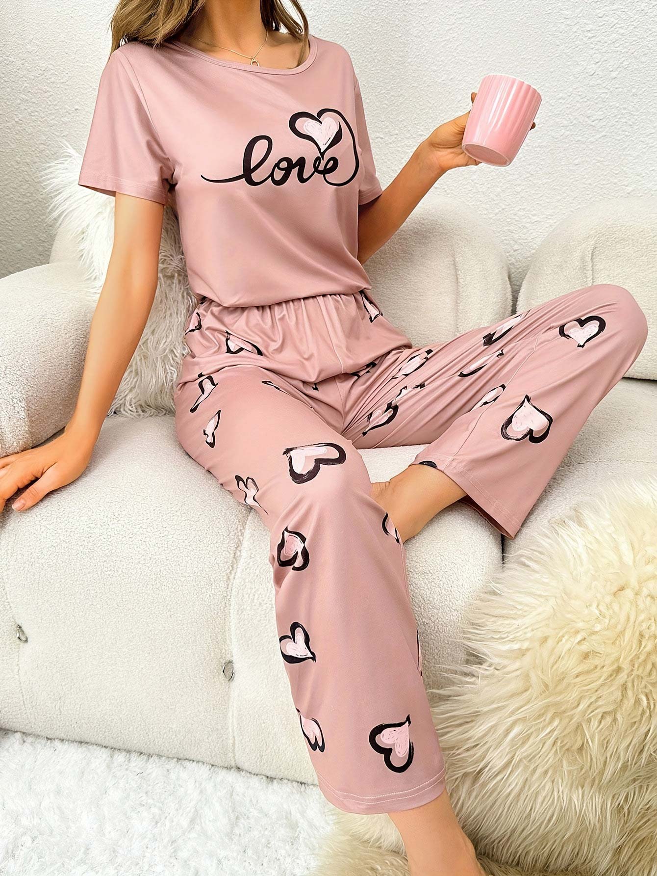 Heart Print Pink Round Neck Lounge Top and Pants