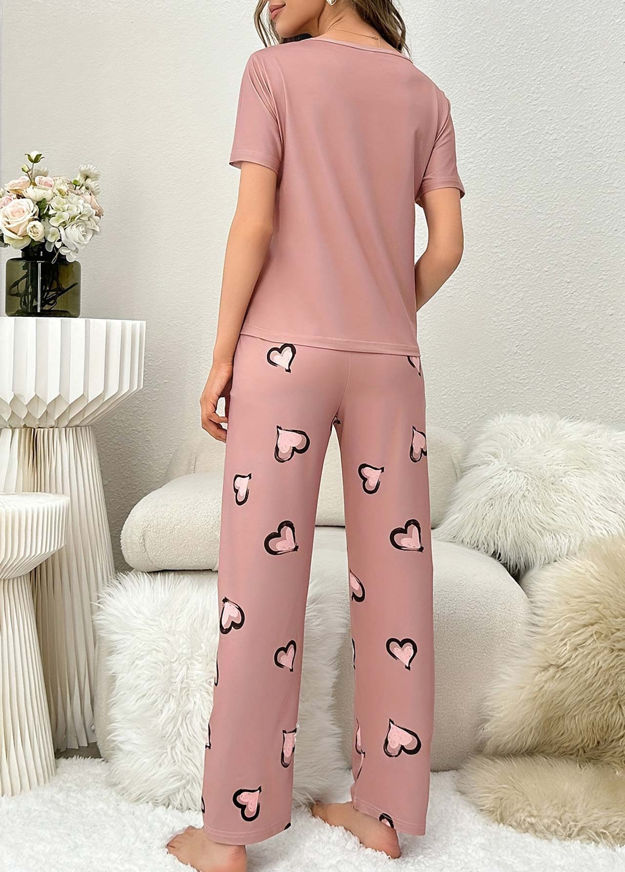 Heart Print Pink Round Neck Lounge Top and Pants