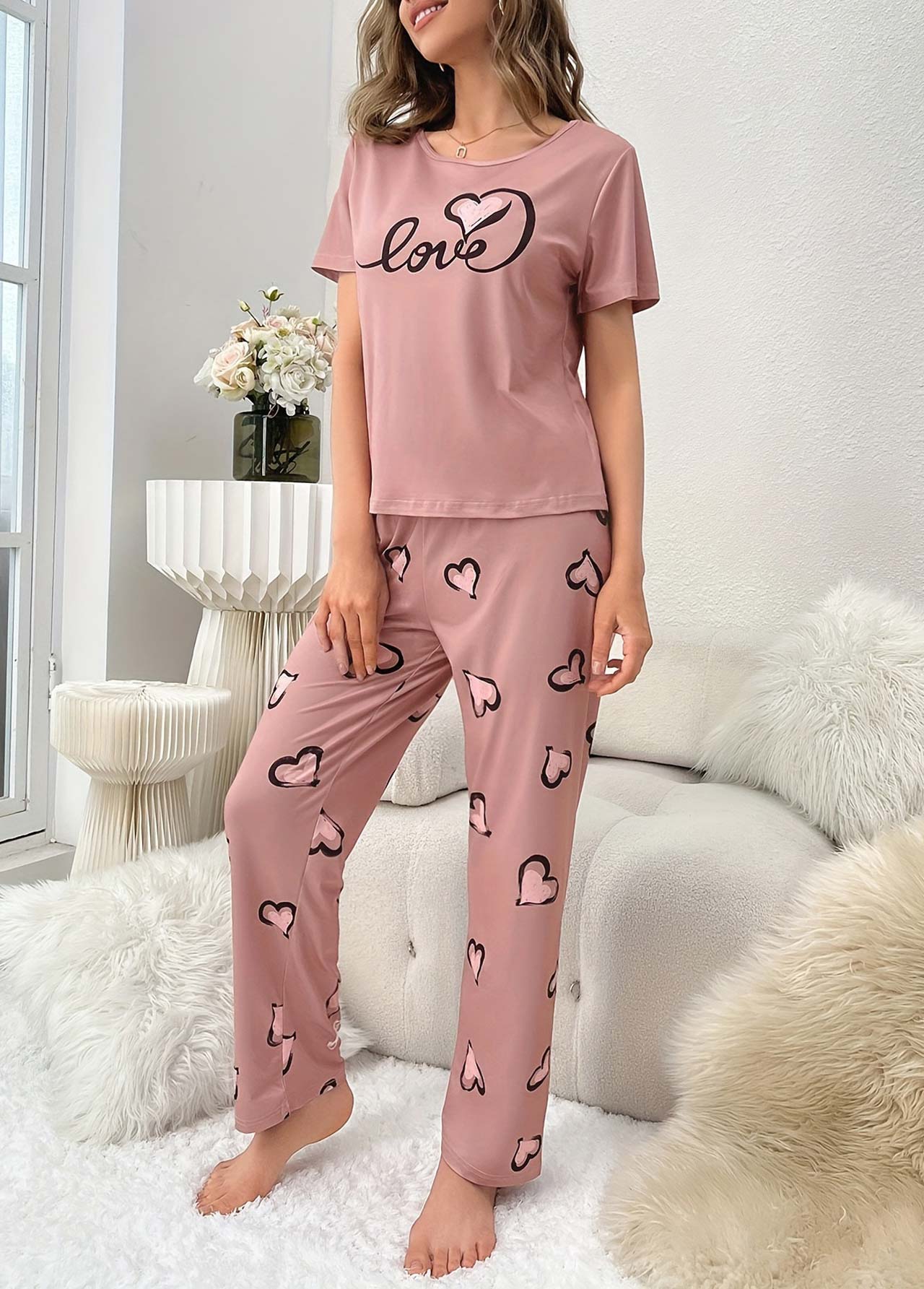Heart Print Pink Round Neck Lounge Top and Pants