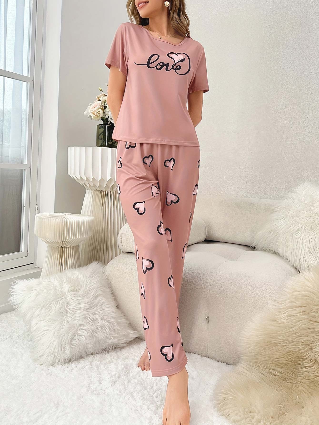Heart Print Pink Round Neck Lounge Top and Pants