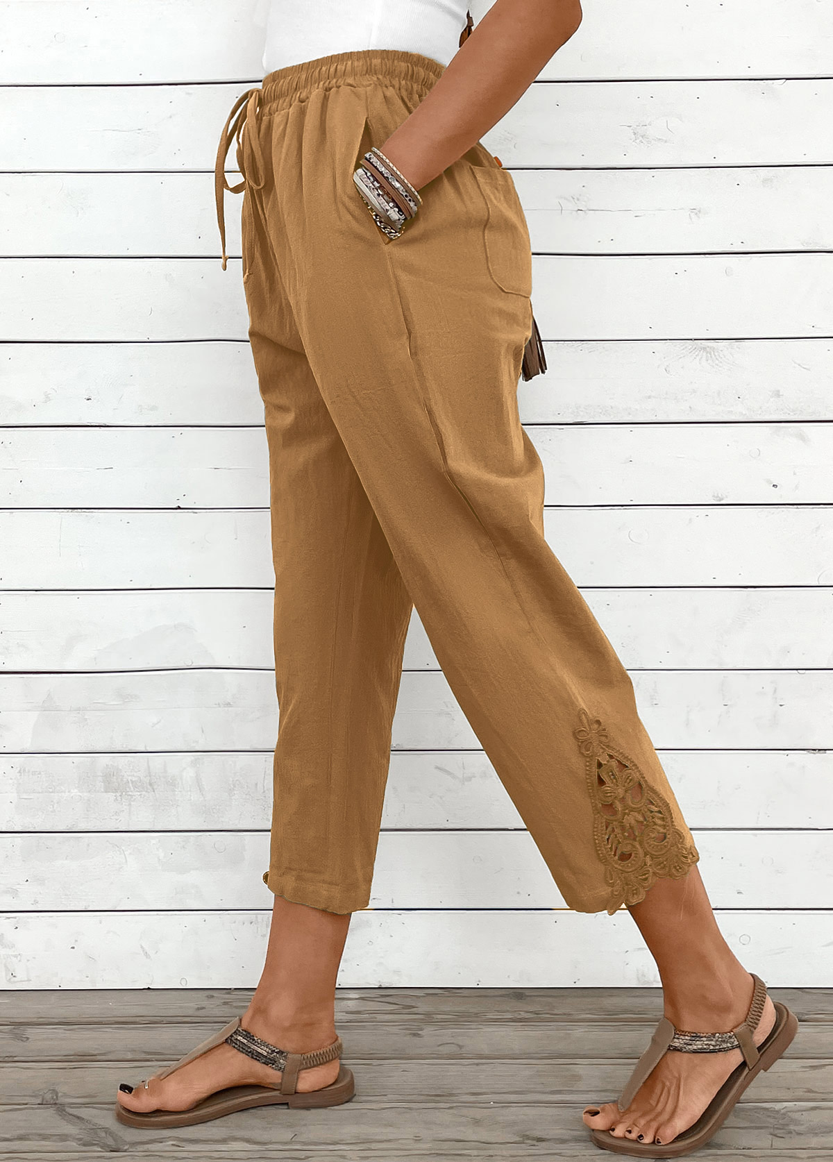 Light Camel Straight Leg Elastic Waist High Waisted Pants