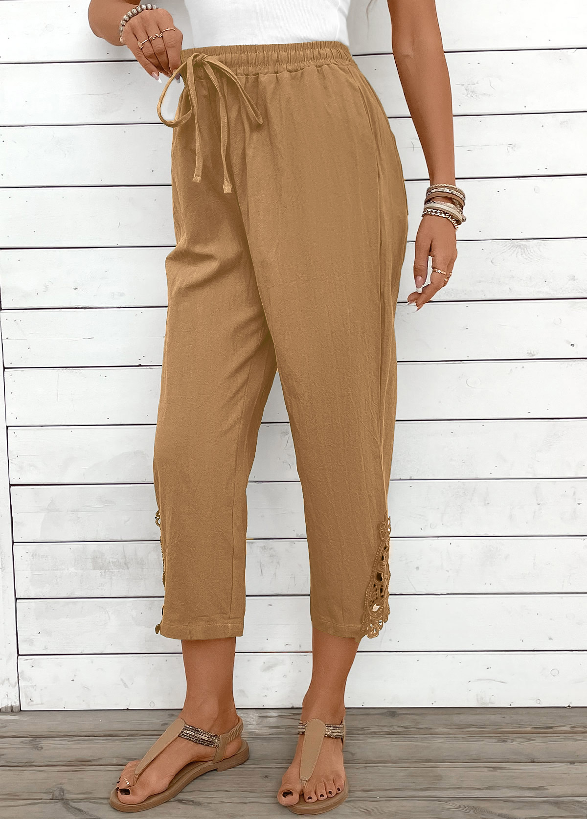 Light Camel Straight Leg Elastic Waist High Waisted Pants