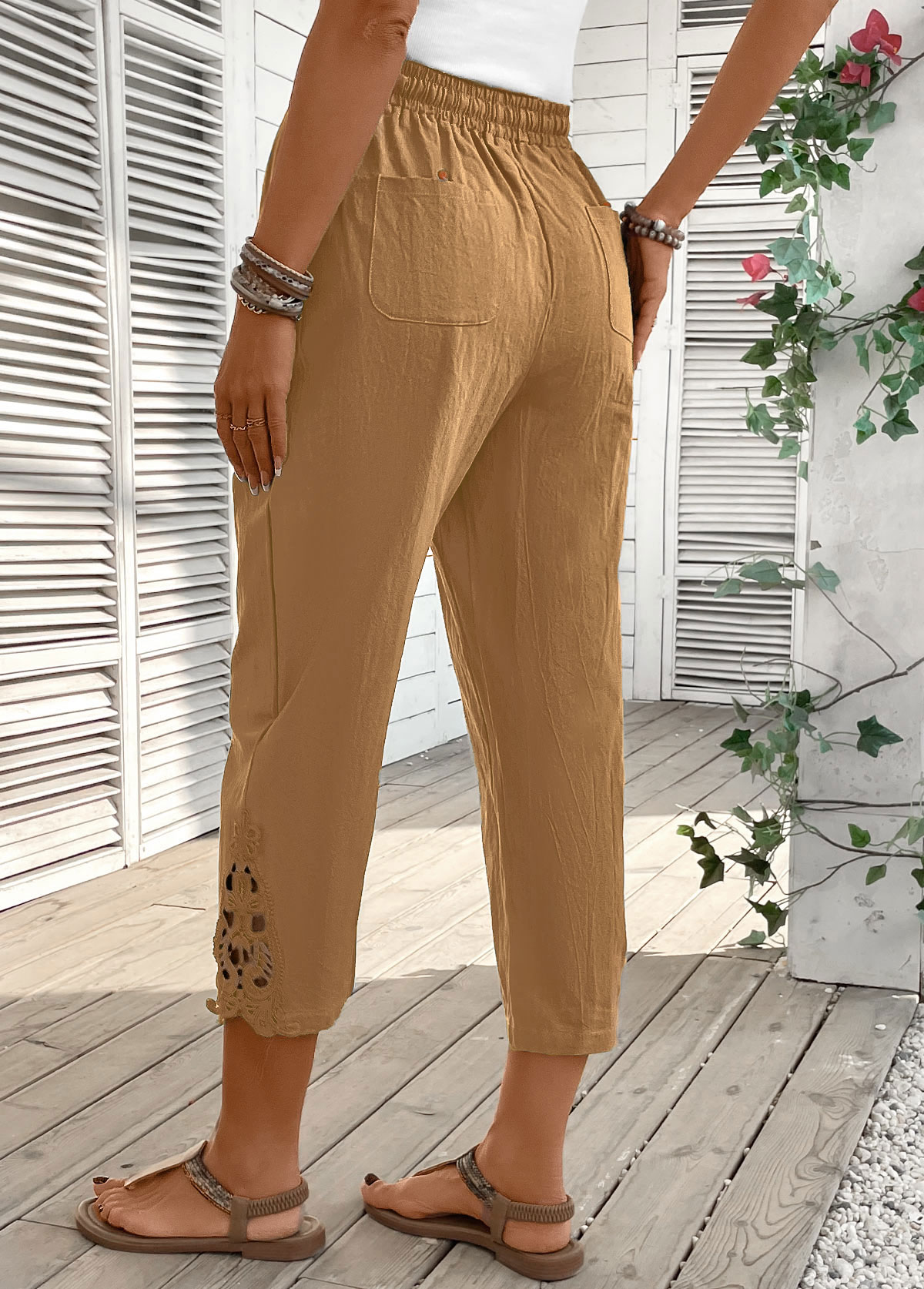 Light Camel Straight Leg Elastic Waist High Waisted Pants