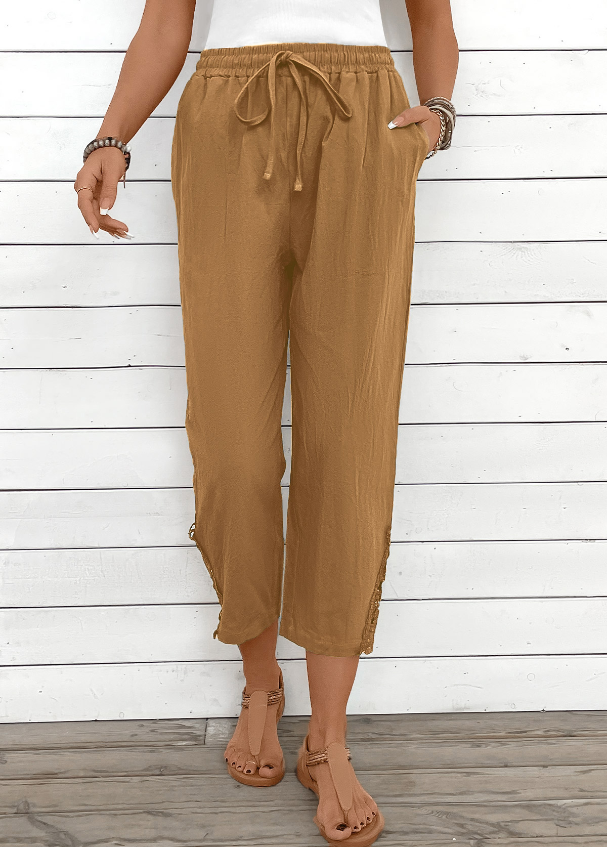 Light Camel Straight Leg Elastic Waist High Waisted Pants