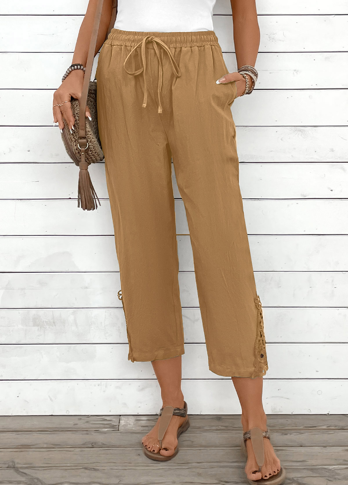 Light Camel Straight Leg Elastic Waist High Waisted Pants