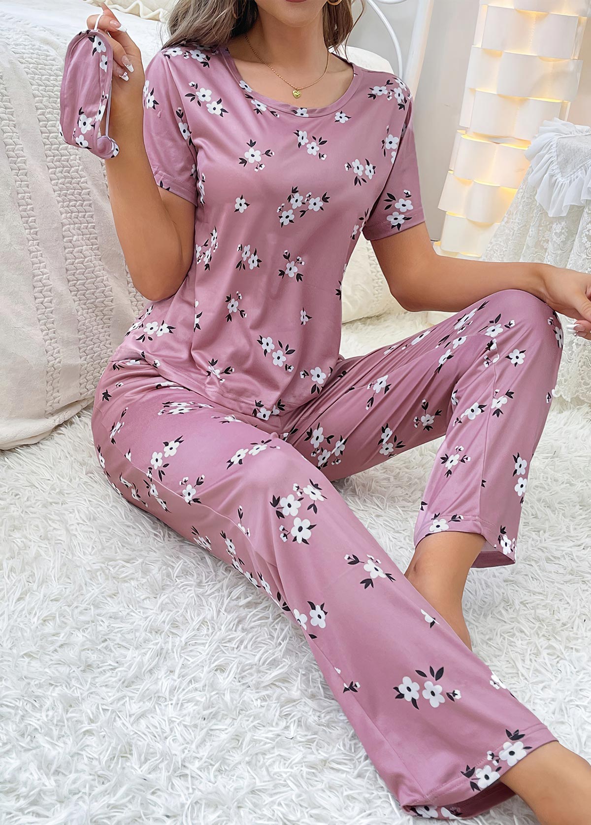 Floral Print Dark Reddish Purple Lounge Top and Pants