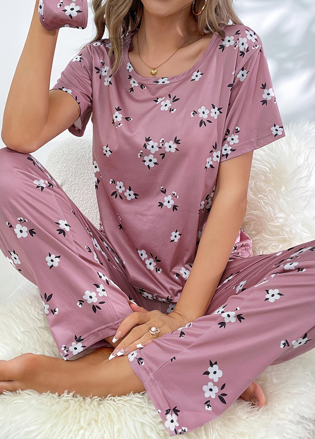 Floral Print Dark Reddish Purple Lounge Top and Pants