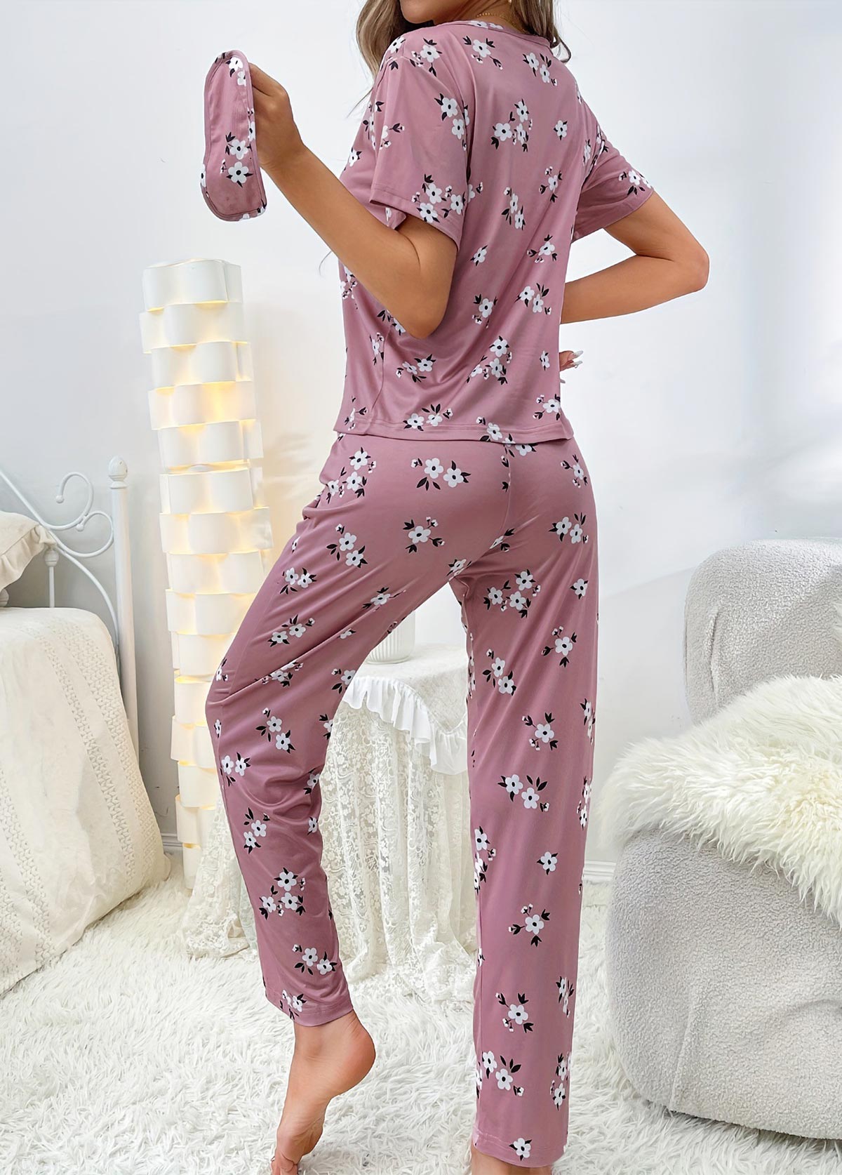 Floral Print Dark Reddish Purple Lounge Top and Pants