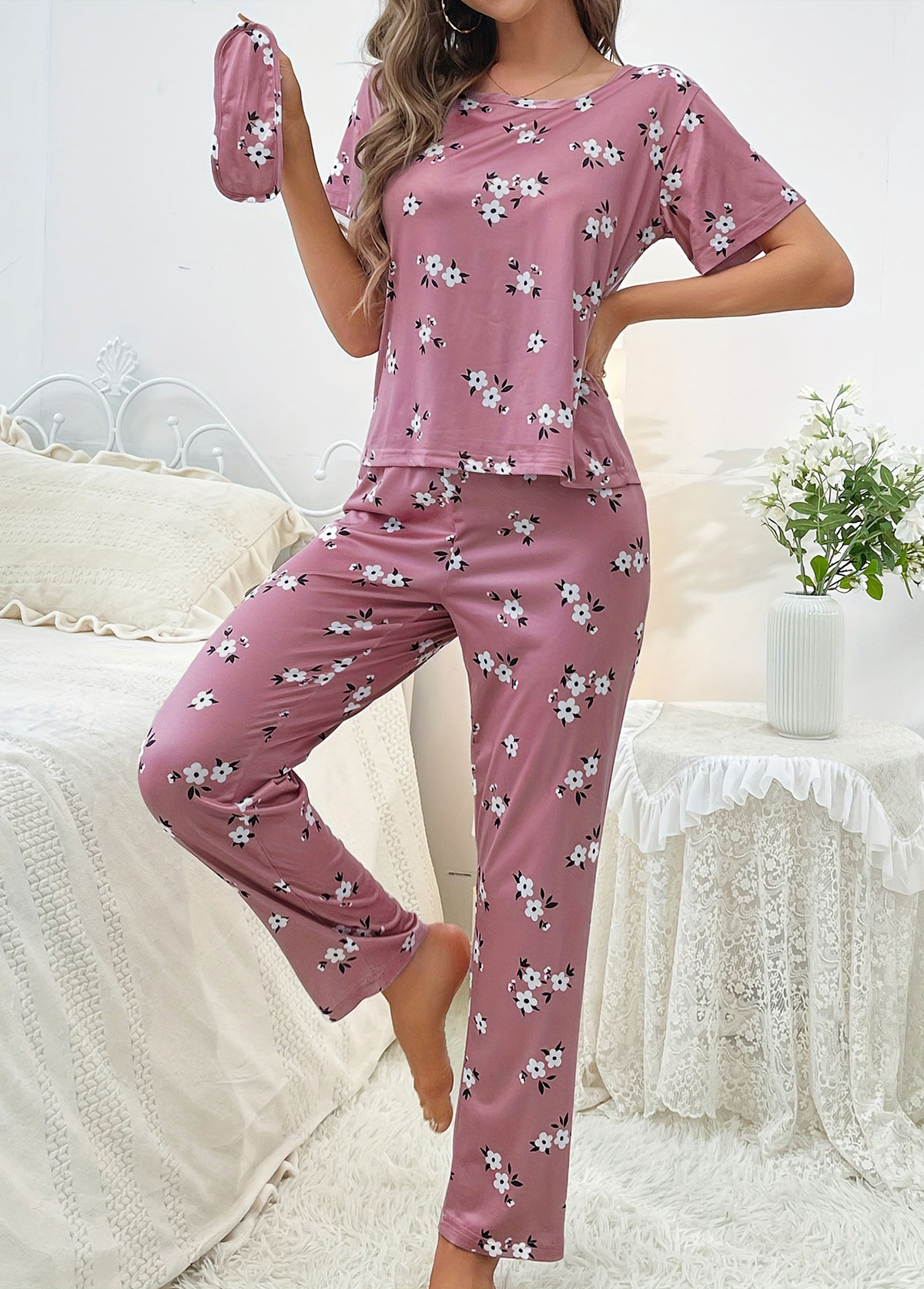 Floral Print Dark Reddish Purple Lounge Top and Pants