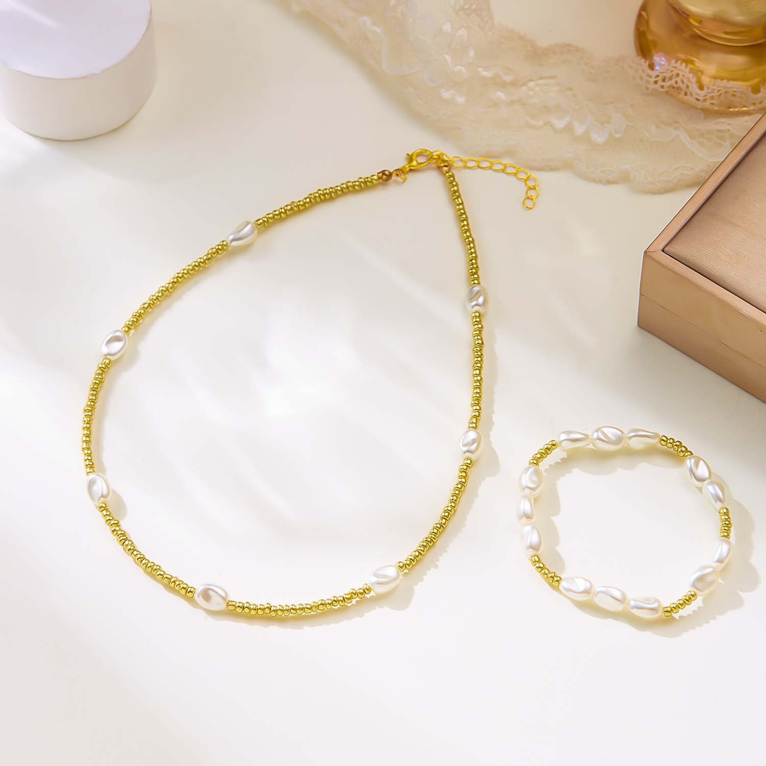 Golden Seed Beads Necklace and Bracelet