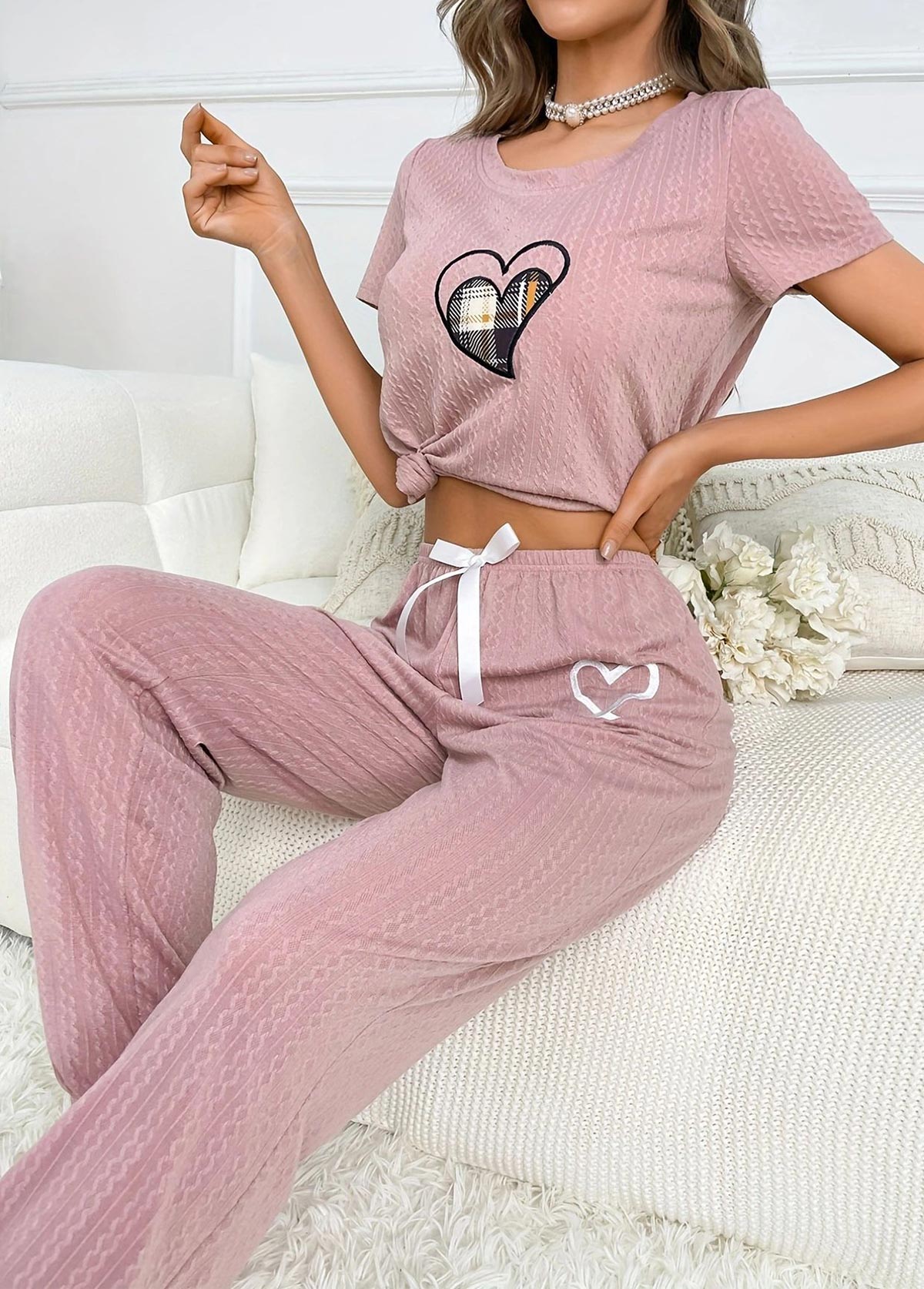 Heart Print Pink Round Neck Lounge Top and Pants