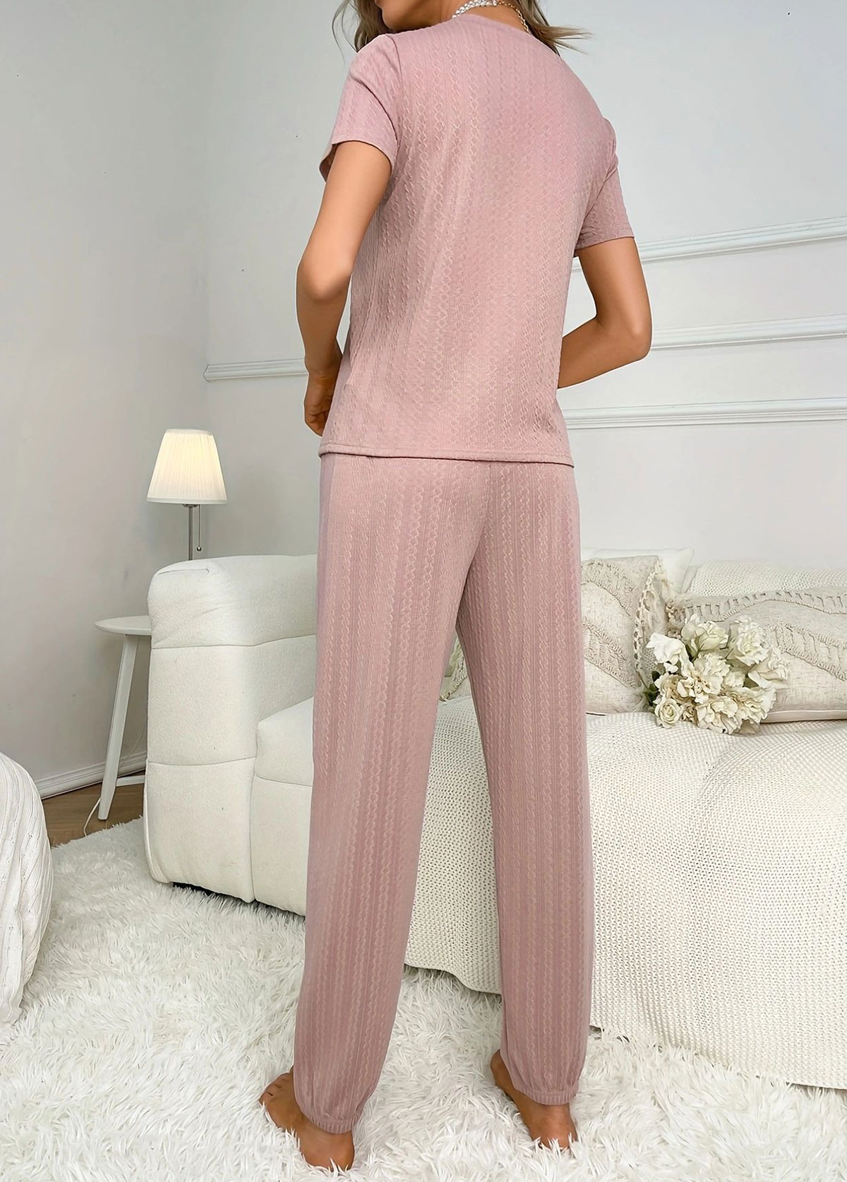 Heart Print Pink Round Neck Lounge Top and Pants