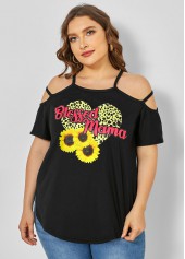 Sunflower Print Plus Size Strappy Cold Shoulder T Shirt