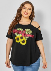 Sunflower Print Plus Size Strappy Cold Shoulder T Shirt