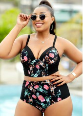 High Waisted Floral Print Black Bikini Set