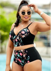 High Waisted Floral Print Black Bikini Set