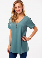 Button Green Short Sleeve V Neck Shirt