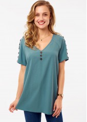 Button Green Short Sleeve V Neck Shirt