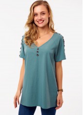 Button Green Short Sleeve V Neck Shirt