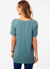 Button Green Short Sleeve V Neck Shirt