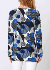 Floral Print Lace Blue Long Sleeve V Neck Shirt