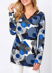 Floral Print Lace Blue Long Sleeve V Neck Shirt