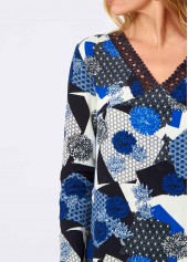 Floral Print Lace Blue Long Sleeve V Neck Shirt
