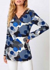 Floral Print Lace Blue Long Sleeve V Neck Shirt