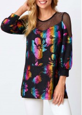 Fishnet Panel Round Neck Colorful Sweatshirt