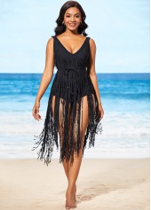 Belted Tassel Hem Black One Piece Swimwear