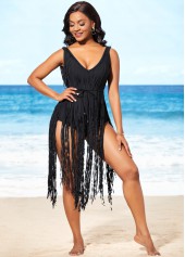 Belted Tassel Hem Black One Piece Swimwear