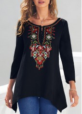 Tribal Print Asymmetric Hem Black T Shirt