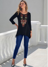 Tribal Print Asymmetric Hem Black T Shirt