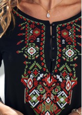 Tribal Print Asymmetric Hem Black T Shirt