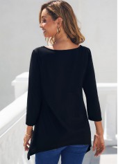 Tribal Print Asymmetric Hem Black T Shirt