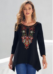 Tribal Print Asymmetric Hem Black T Shirt