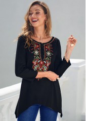 Tribal Print Asymmetric Hem Black T Shirt