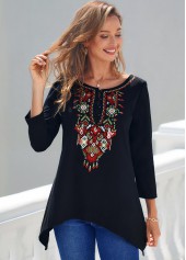 Tribal Print Asymmetric Hem Black T Shirt