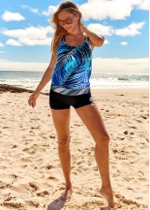 Leaf Print Double Straps Blue Tankini Top-No Bottom