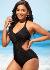 Black Lace Stitching Tie Back One Piece Swimwear