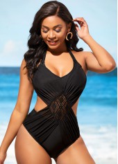 Black Lace Stitching Tie Back One Piece Swimwear