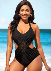 Black Lace Stitching Tie Back One Piece Swimwear