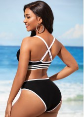 Contrast Stitch Cross Strap Black Bikini Set